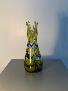 Murano Yellow and Blue Art Glass Vase with Pulled Rim