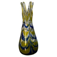 Murano Yellow and Blue Art Glass Vase with Pulled Rim