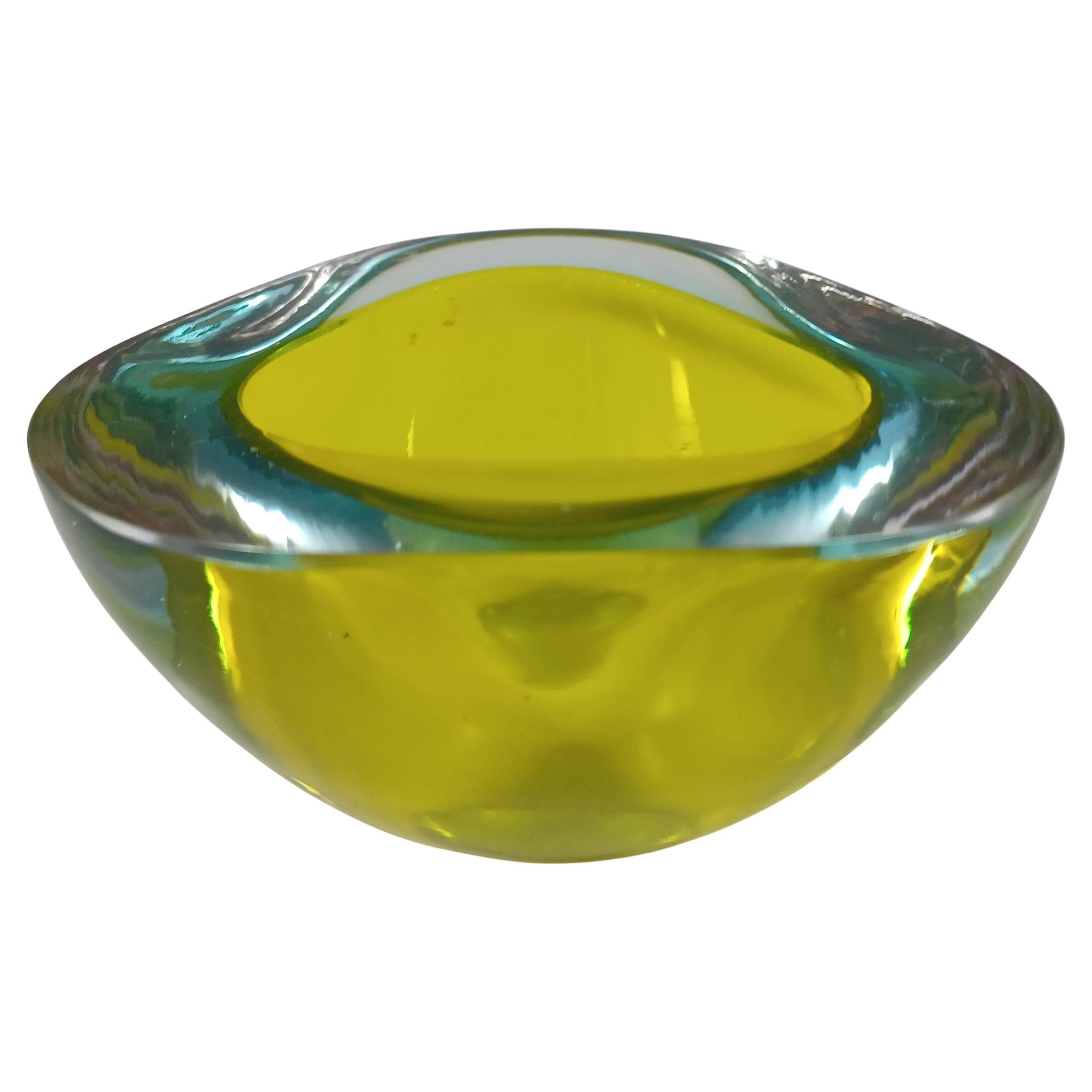 Murano Yellow & Blue Sommerso Glass Triangular Geode Bowl