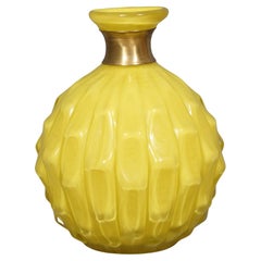 Vintage Murano Yellow Glass and Brass Mid-Century Vase, 1950