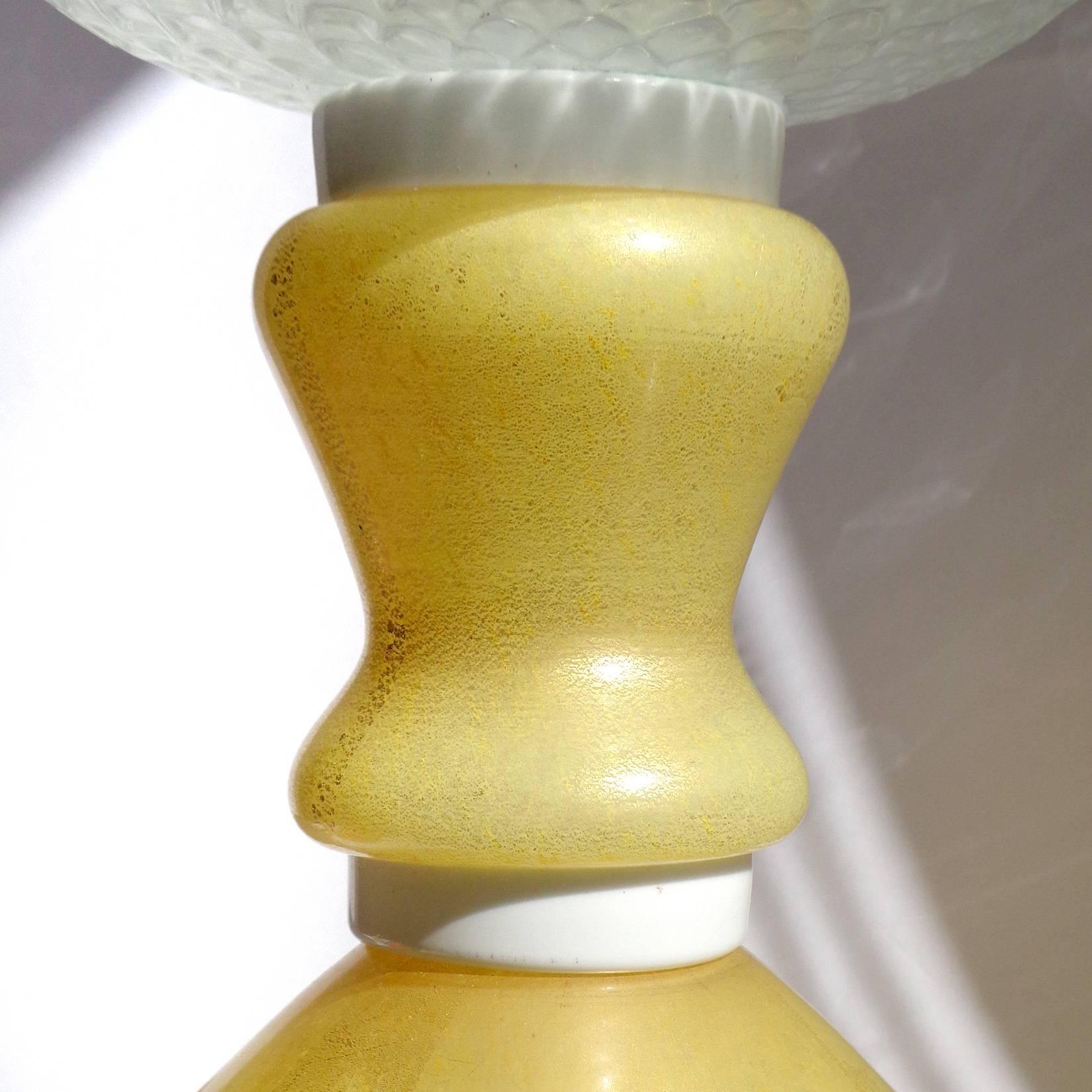 Incredible large antique Murano hand blown pasta white, yellow and gold flecks Italian art glass lamp with clear midsection and chimney top. Attributed to the Barovier e Toso company. The shade has a paneled effect and diamond quilt design on the