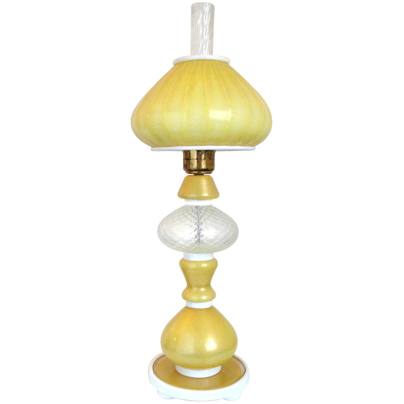 Murano Yellow Gold Flecks White Quilted Italian Art Glass Chimney Table Lamp