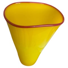Murano Yellow Opaline Glass Vase with Red Rim, Italy 1970s