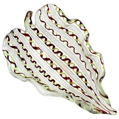 Vintage Murano Yellow Purple Zanfirico Ribbons Italian Art Glass Sculptural Leaf Bowl