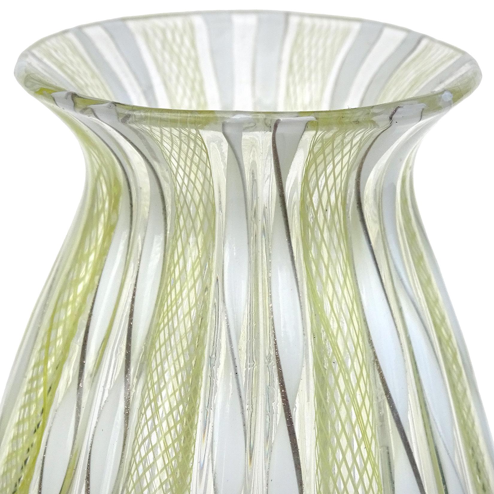Hand-Crafted Murano Yellow White Aventurine Ribbon Italian Art Glass Mid-Century Flower Vase For Sale