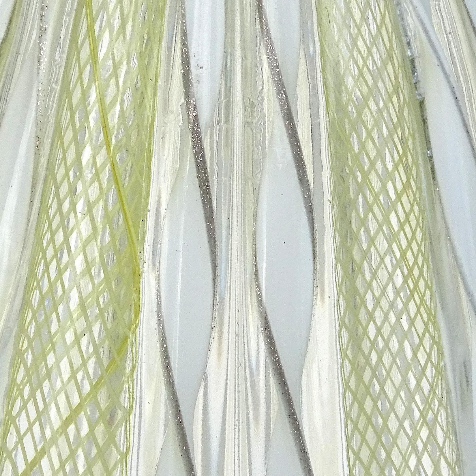 Murano Yellow White Aventurine Ribbon Italian Art Glass Mid-Century Flower Vase In Good Condition For Sale In Kissimmee, FL