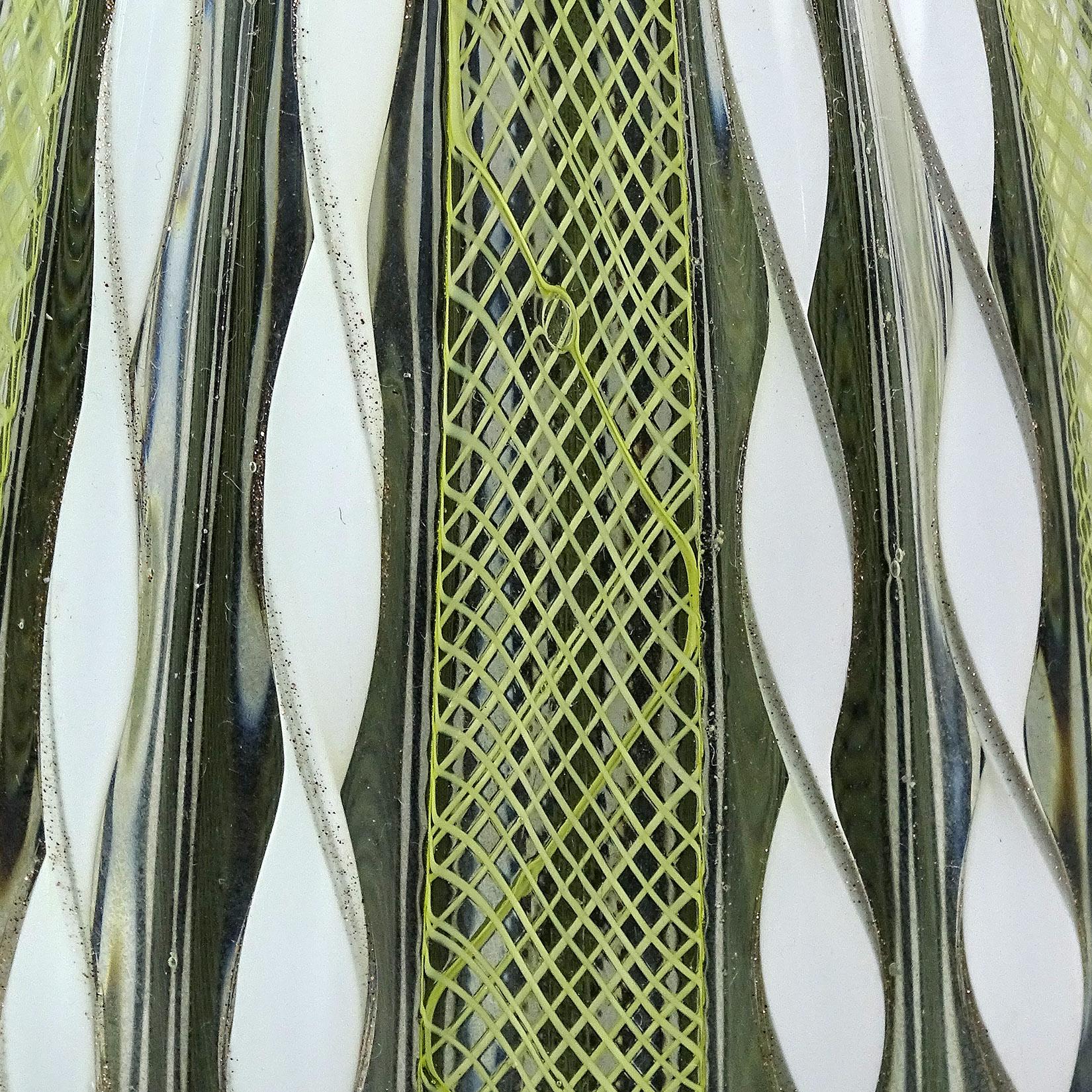 Murano Yellow White Aventurine Ribbon Italian Art Glass Mid-Century Flower Vase For Sale 1