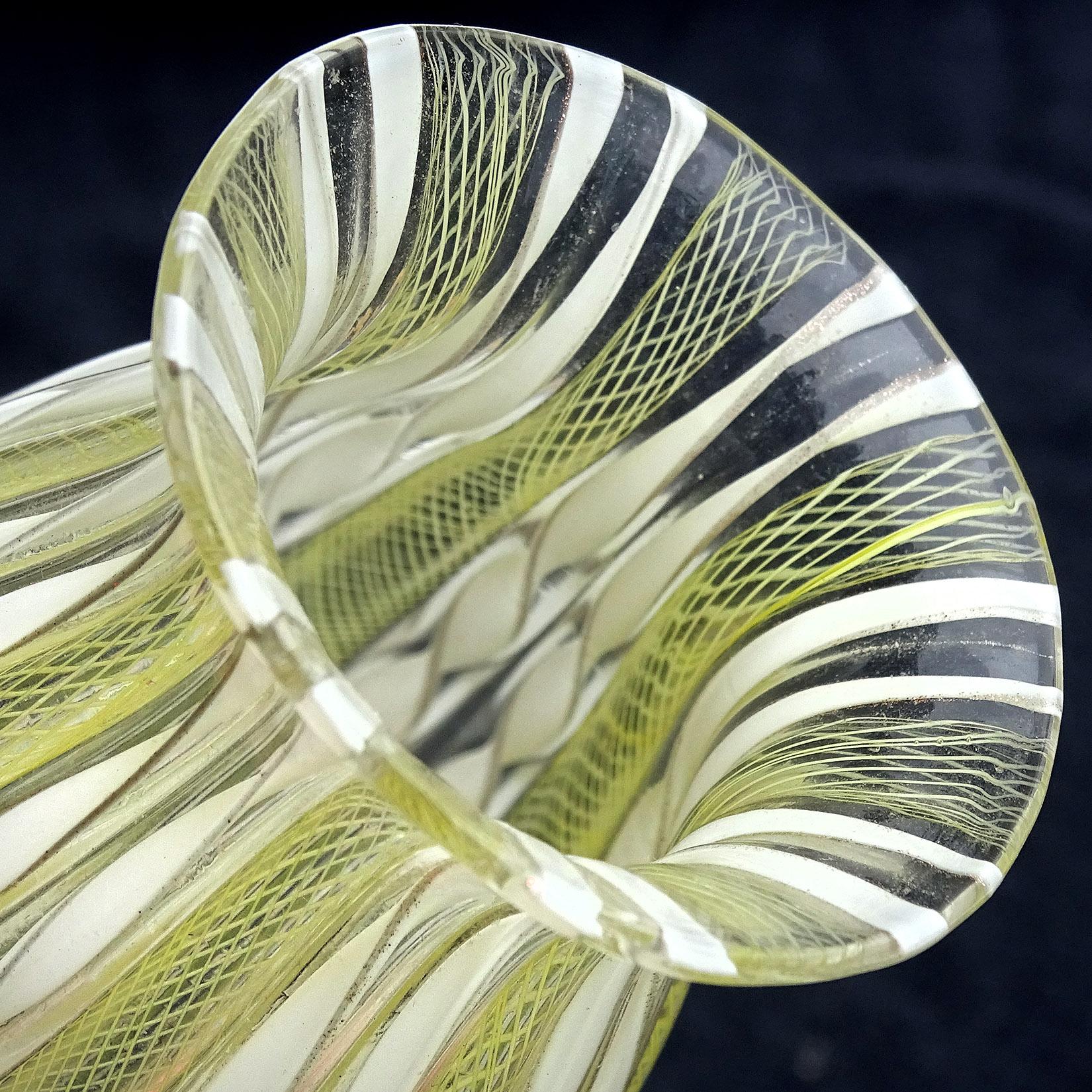 Murano Yellow White Aventurine Ribbon Italian Art Glass Mid-Century Flower Vase For Sale 2
