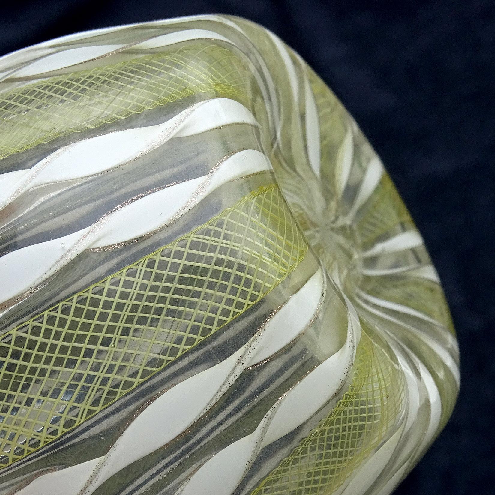 Murano Yellow White Aventurine Ribbon Italian Art Glass Mid-Century Flower Vase For Sale 3
