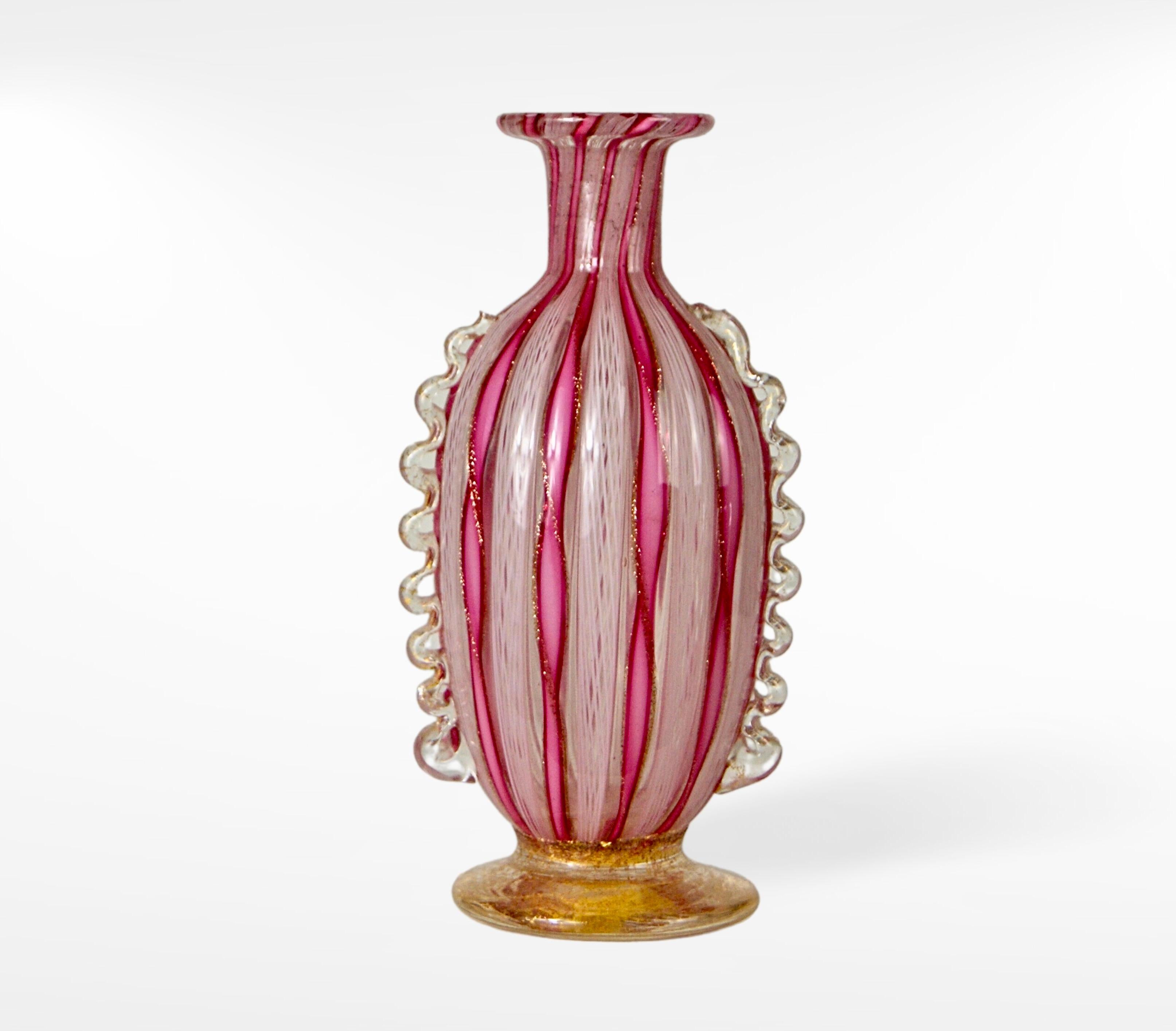 Italian Murano Zanfirico Filigrana Glass Vase with Gold Inclusion Appliqué For Sale