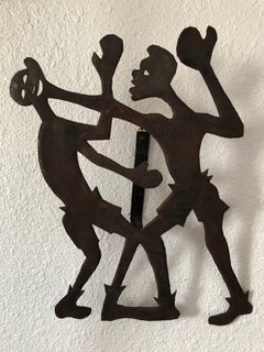 Vintage Haitian Folk Art 'Boxers' Sporting Scene Outsider Art Metal Work Sculpture