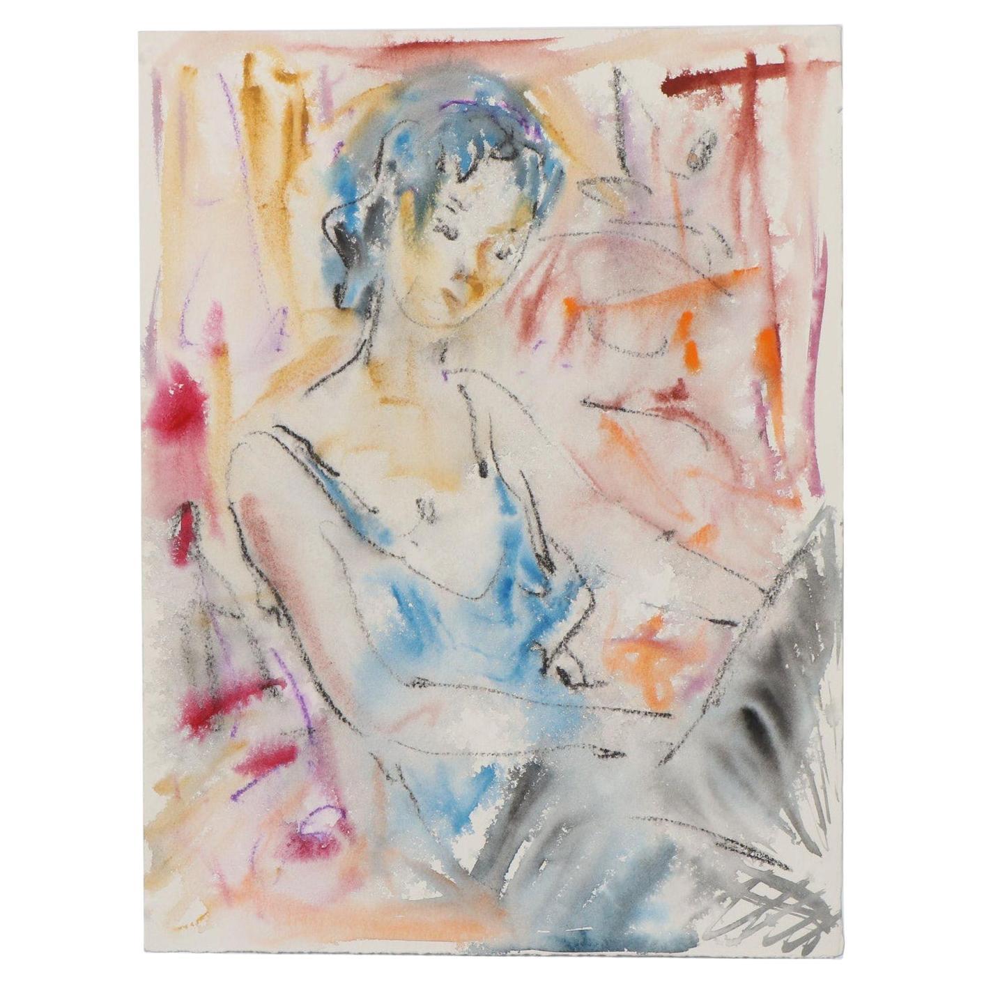 Murat Kaboulov Embellished Figural Watercolor Painting, circa 2000 For Sale