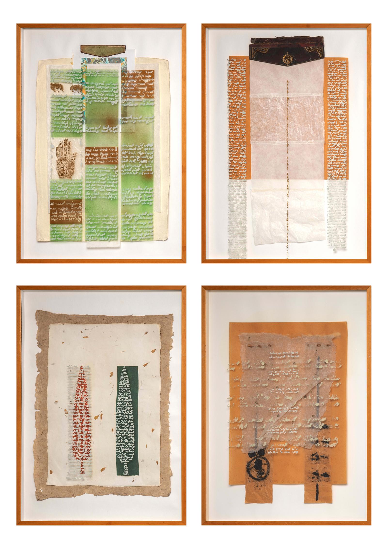 Shipping costs on request
size per piece 88cm x 57cm
Murat Morova "Dil + Suret Composition" set of four.
Gouache and mixed media art work collage.
Hand-made paper, book cover, paint and glass.
Ready-to-hang including frame.
The Turkish writings are