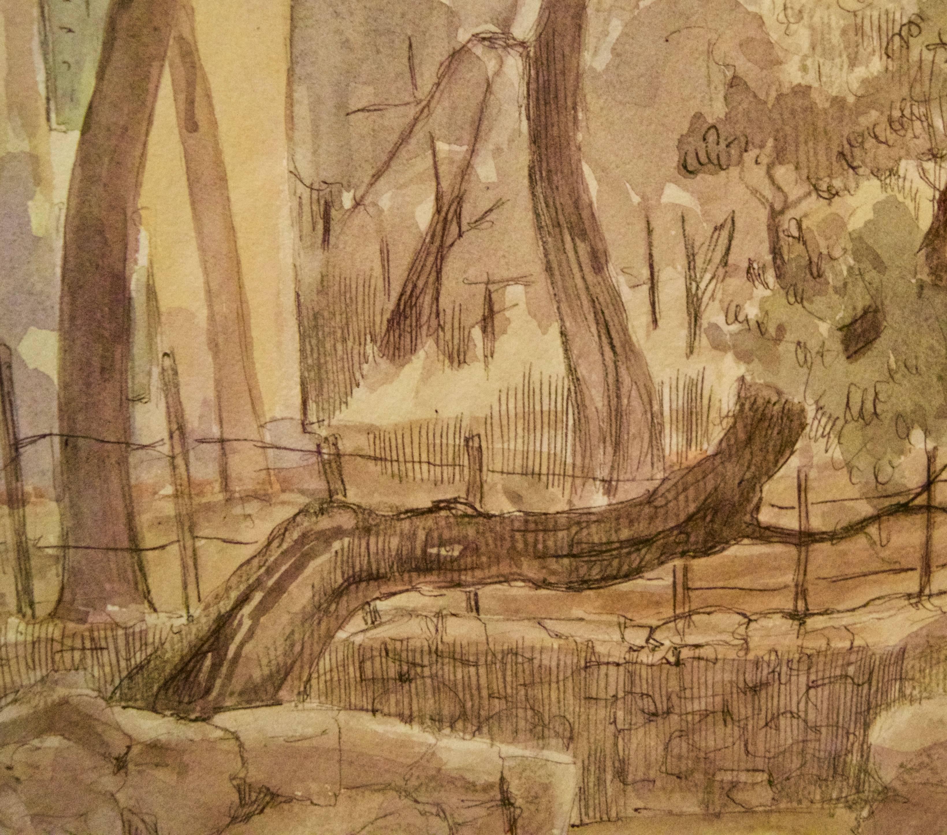 Temprano por la mañana en Provenza - Acuarela impresionista de Archer de finales del siglo XX - Landscape Painting Marrón de Muriel Archer