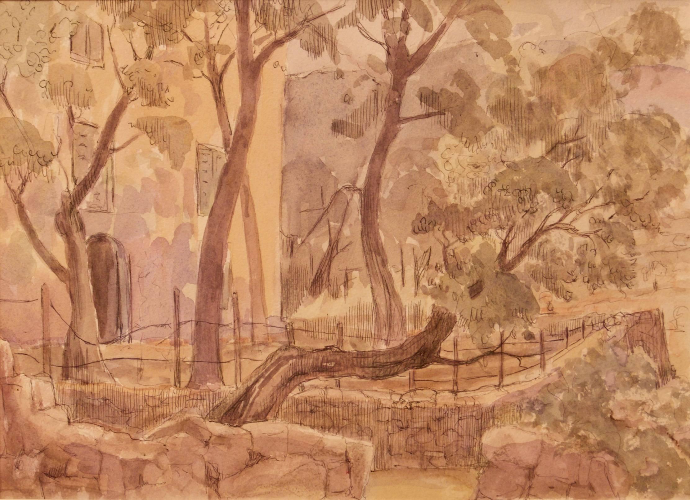 Muriel Archer Landscape Painting - Early Morning Provence - Late 20th Century Impressionist Watercolour by Archer