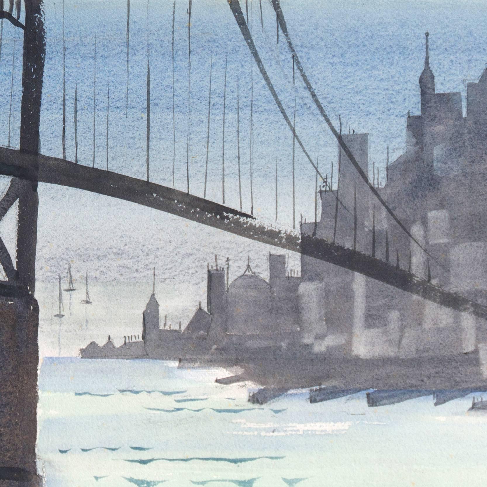 'Golden Gate, San Francisco', Bay Area Woman Modernist, Crocker Art Museum - Gray Landscape Painting by Muriel Backman