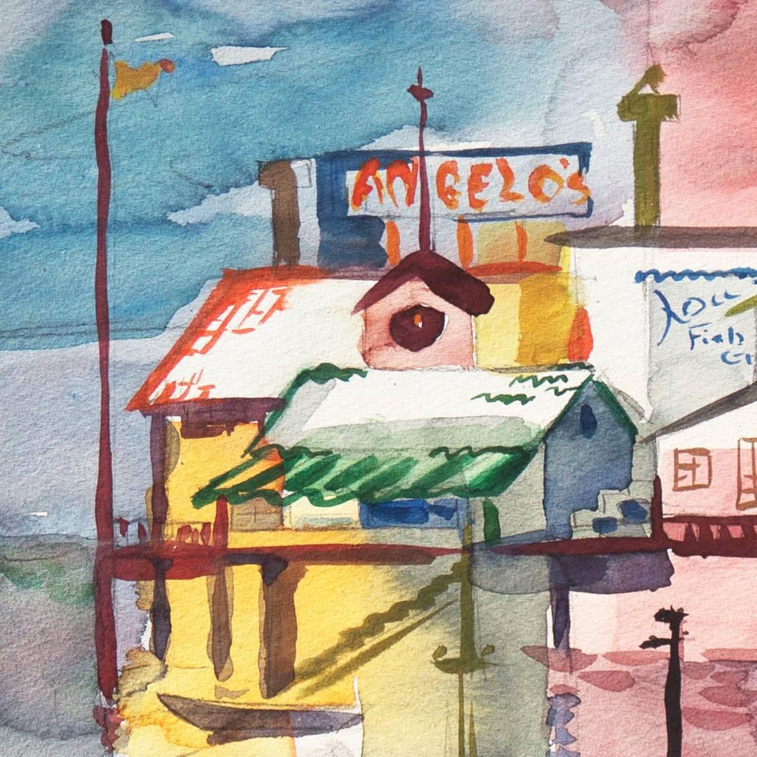 « Monterey Pier », Californie moderniste, femme artiste, Santa Cruz Art League - Gris Landscape Painting par Muriel Backman