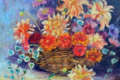 Basket of Summer Flowers Still Life, Oil on Canvas, Signed, 1946