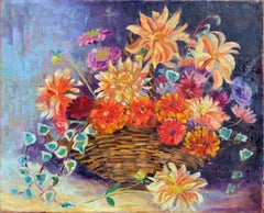 Basket of Summer Flowers Still Life, Oil on Canvas, Signed, 1946