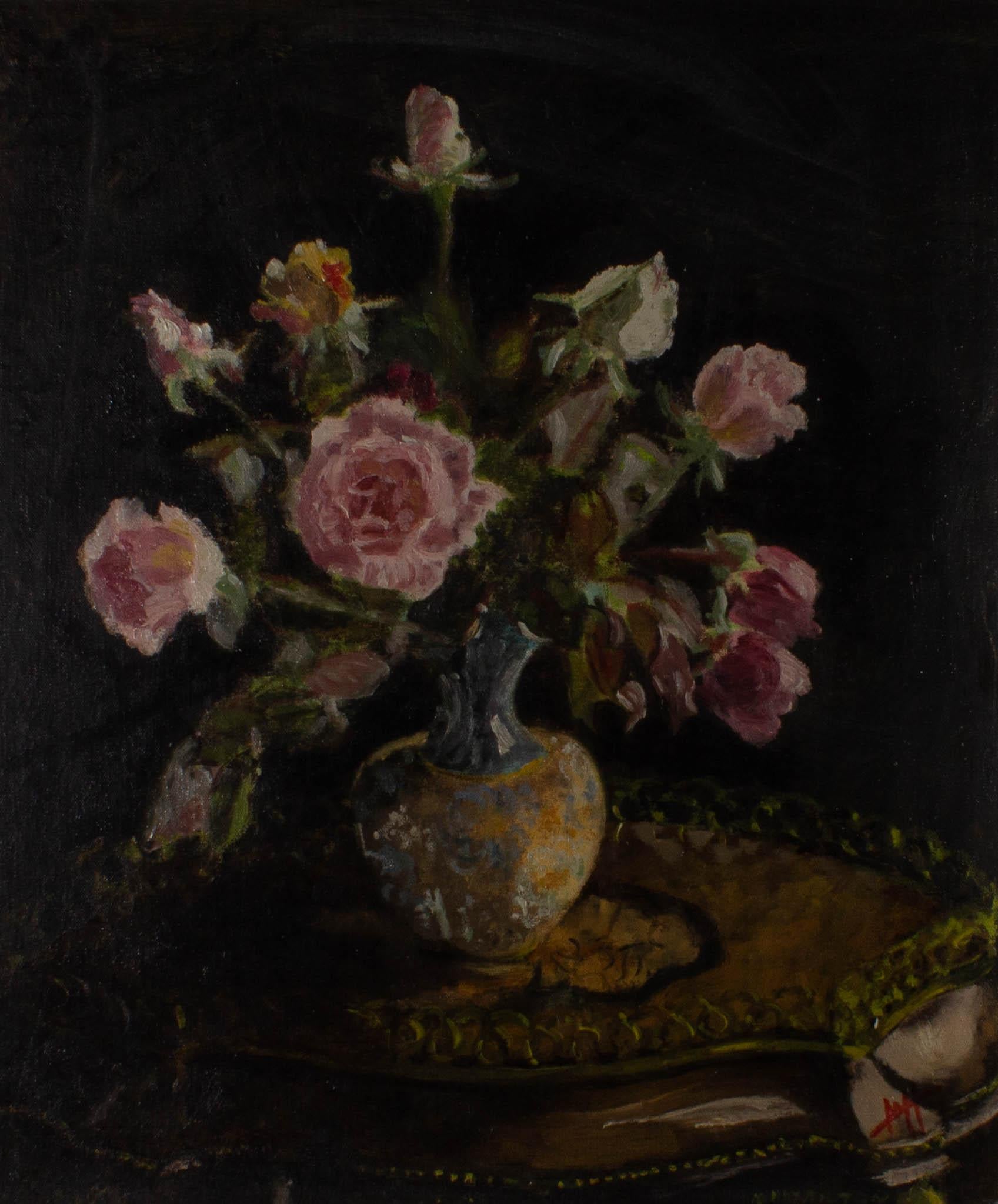 A rich, atmospheric study of pink roses in a decorative vase. The flowers are placed on an ornate side table against a deep blue background. Using expressive brush strokes, the artist has added a sense of texture and movement to this still life
