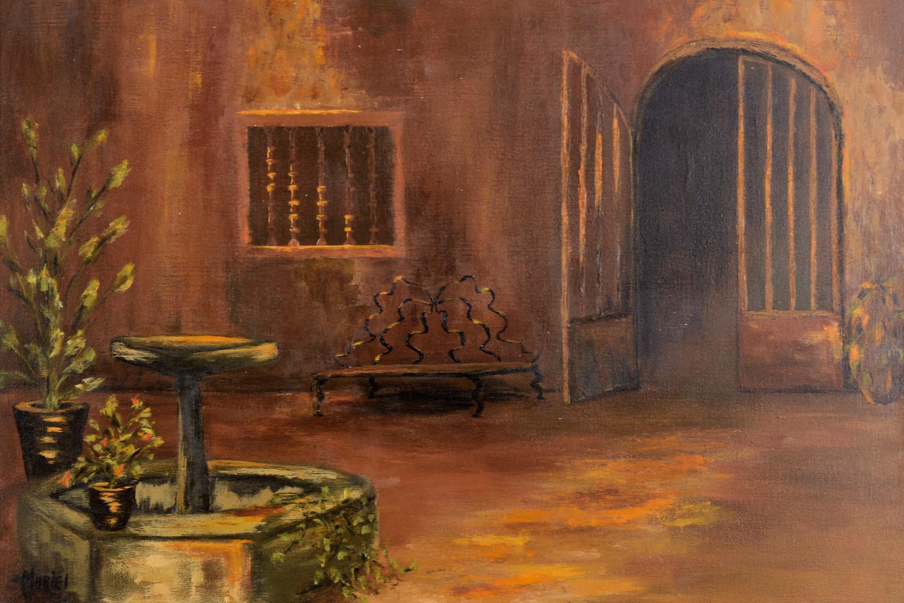 Jardinière avec fontaine - Paysage intérieur à l'huile sur toile - Painting de Muriel Kittock