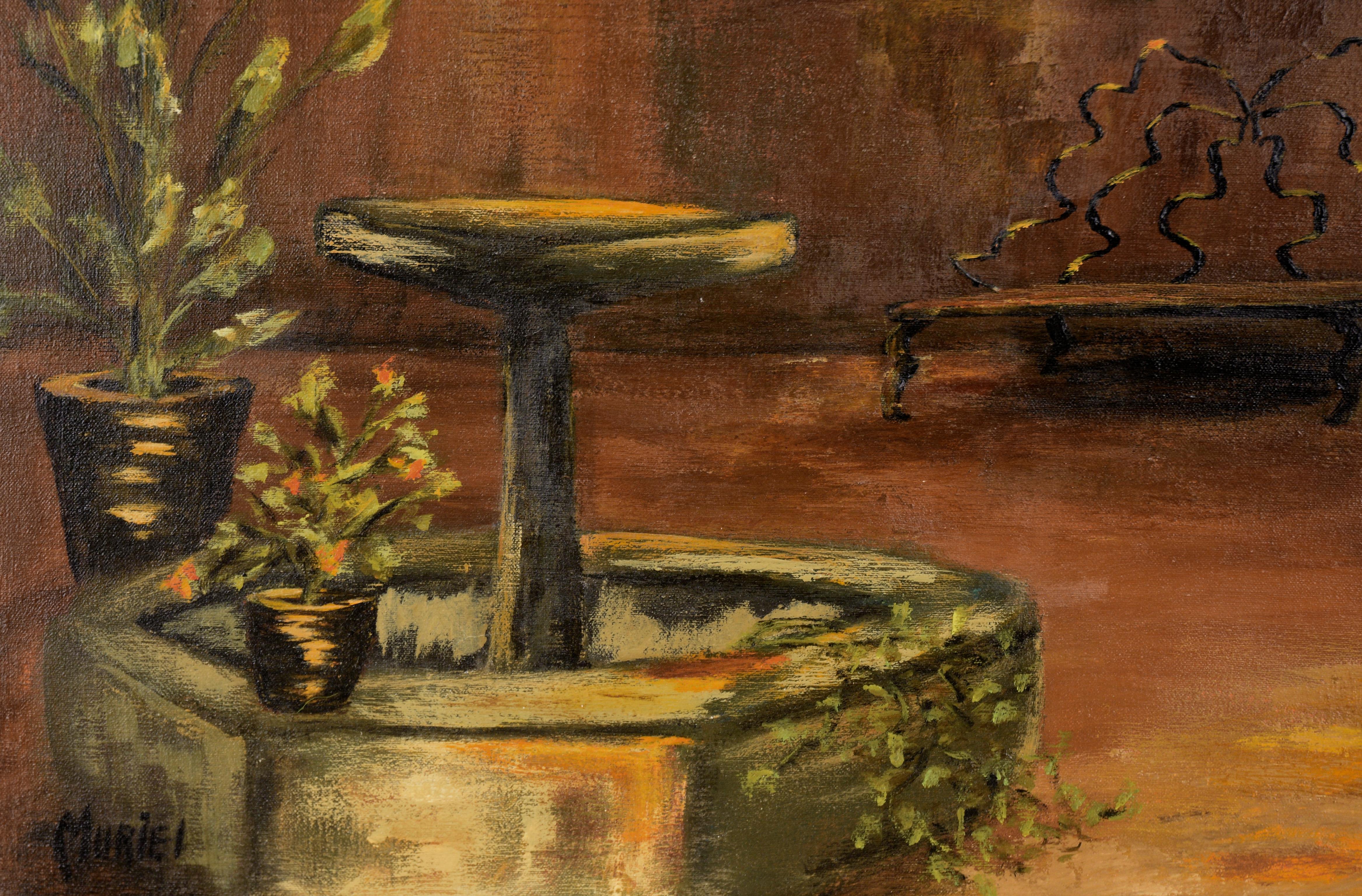 Jardinière avec fontaine - Paysage intérieur à l'huile sur toile - Marron Interior Painting par Muriel Kittock