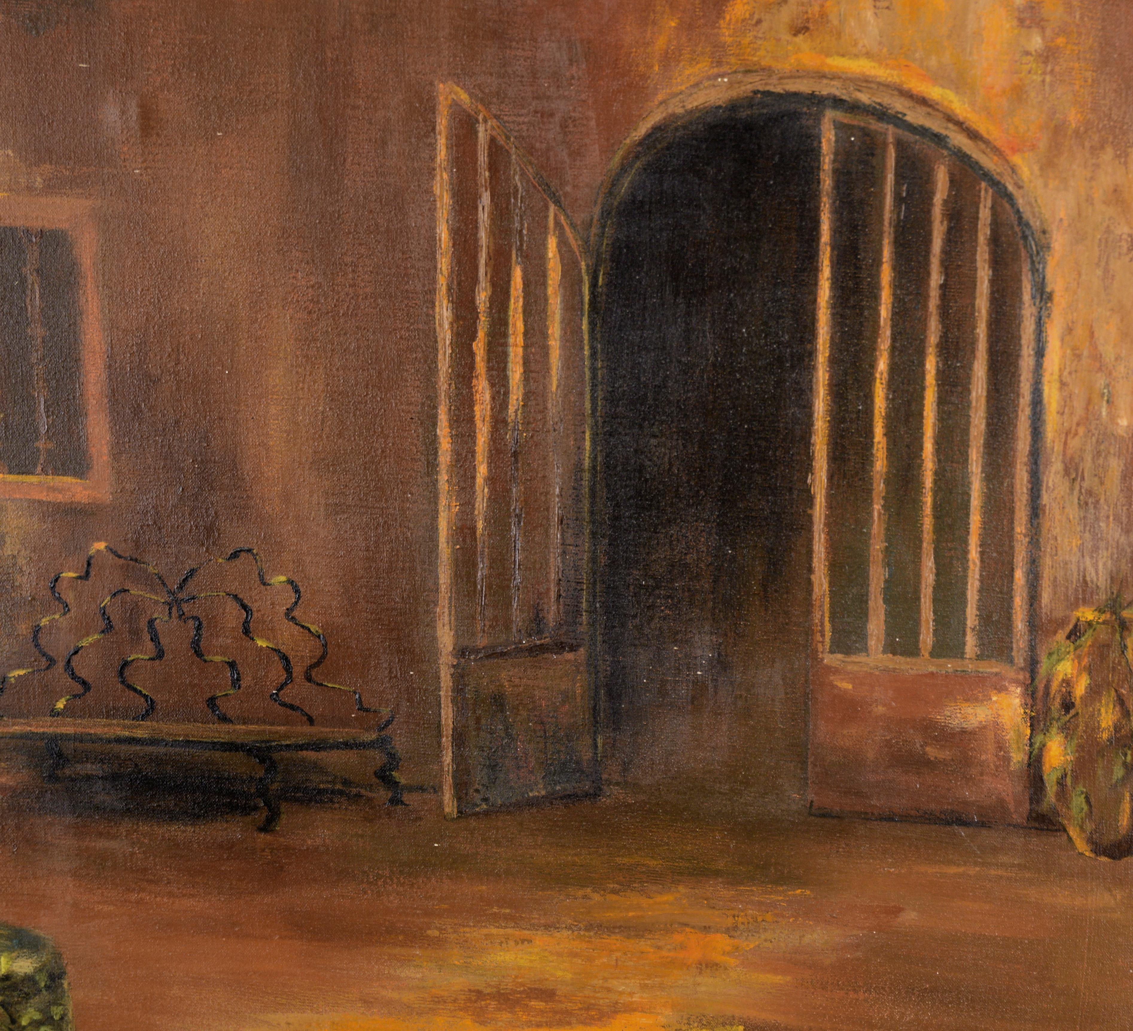Courtyard with Fountain - Interior Landscape in Oil on Canvas

Moody interior scene by Muriel Kittock (American, 1919-1996). Against a far wall, there is an ornate bench with a metal back. The wall also has large double gate. In the foreground,