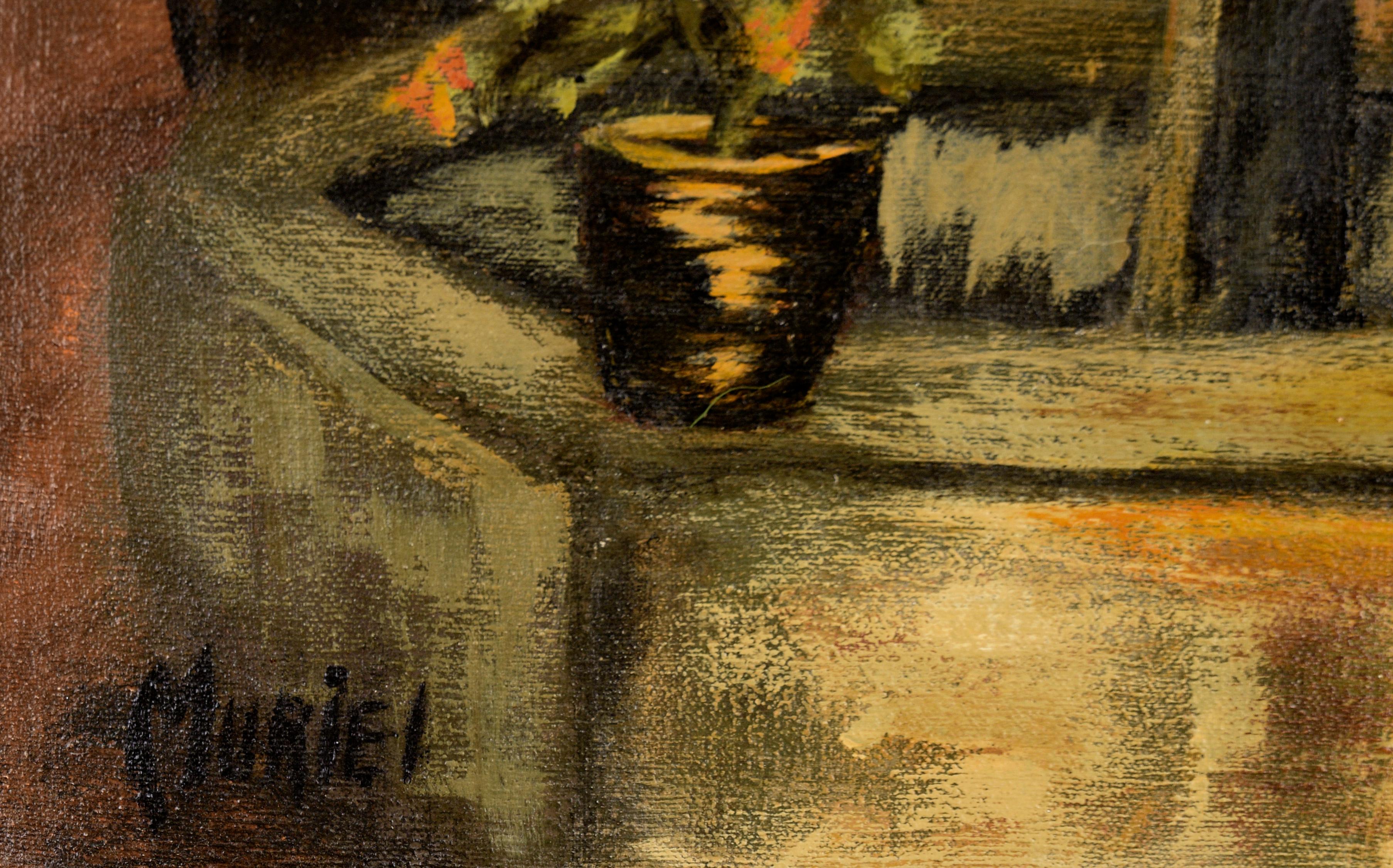 Jardinière avec fontaine - Paysage intérieur à l'huile sur toile en vente 1