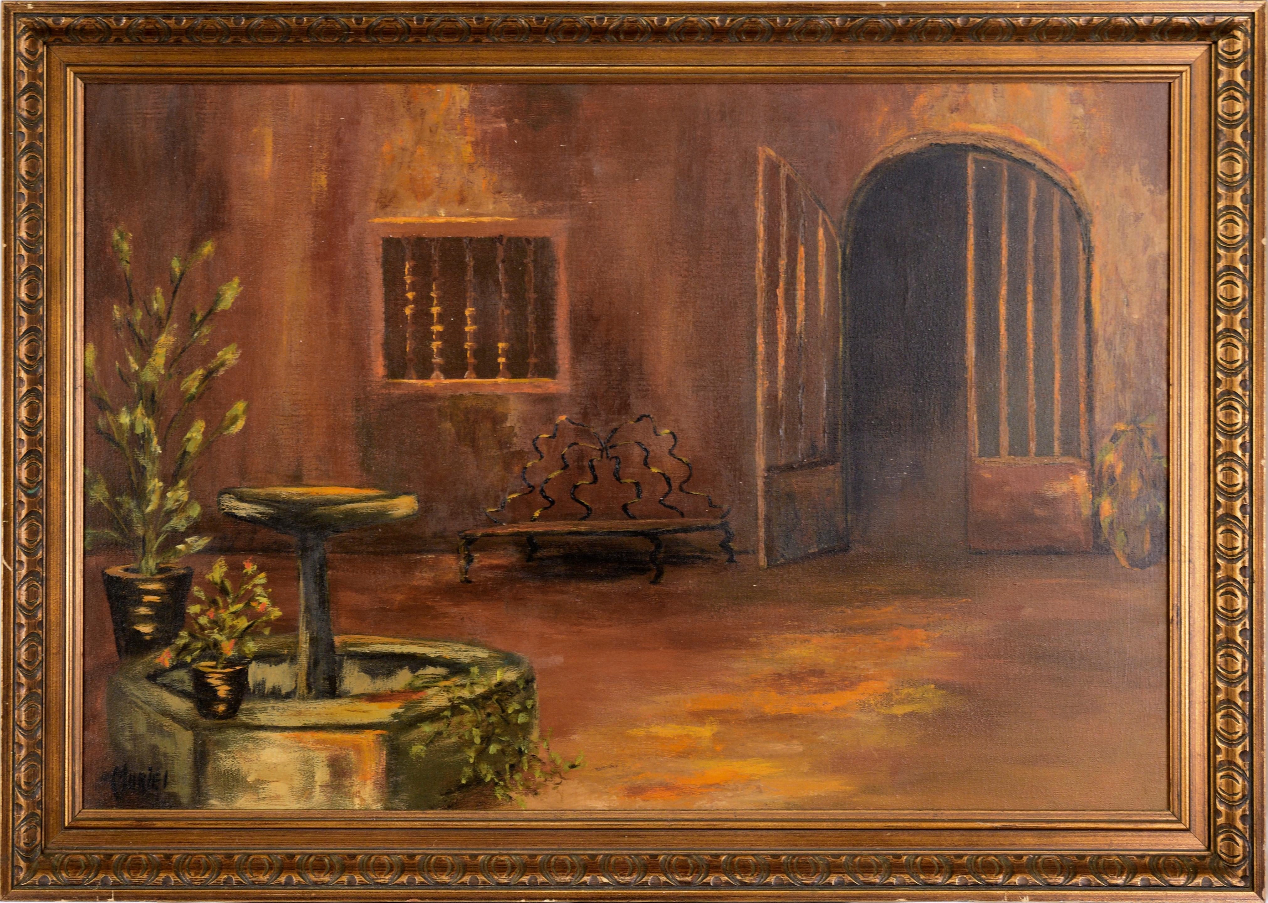 Muriel Kittock Interior Painting - Courtyard with Fountain - Interior Landscape in Oil on Canvas