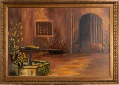 Vintage Courtyard with Fountain - Interior Landscape in Oil on Canvas