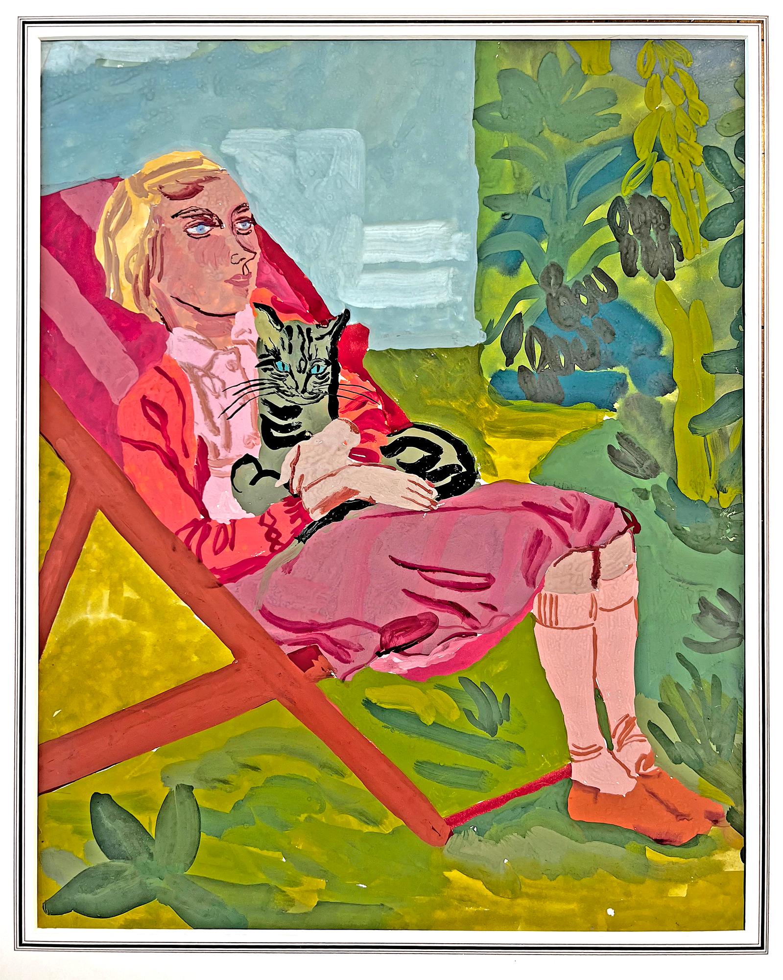 Jeunes femmes blondes rêveuses Pondering « Deckchair and Cat »  Couleur pastel d'été - Painting de  Muriel Pemberton