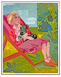 Dreamy Young Blond Women Pondering "Deckchair and Cat"  Summer Pastel Color