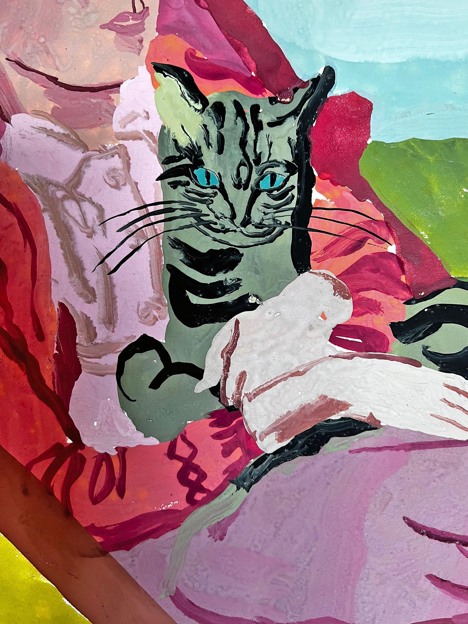 Jeunes femmes blondes rêveuses Pondering « Deckchair and Cat »  Couleur pastel d'été - Moderne Painting par  Muriel Pemberton