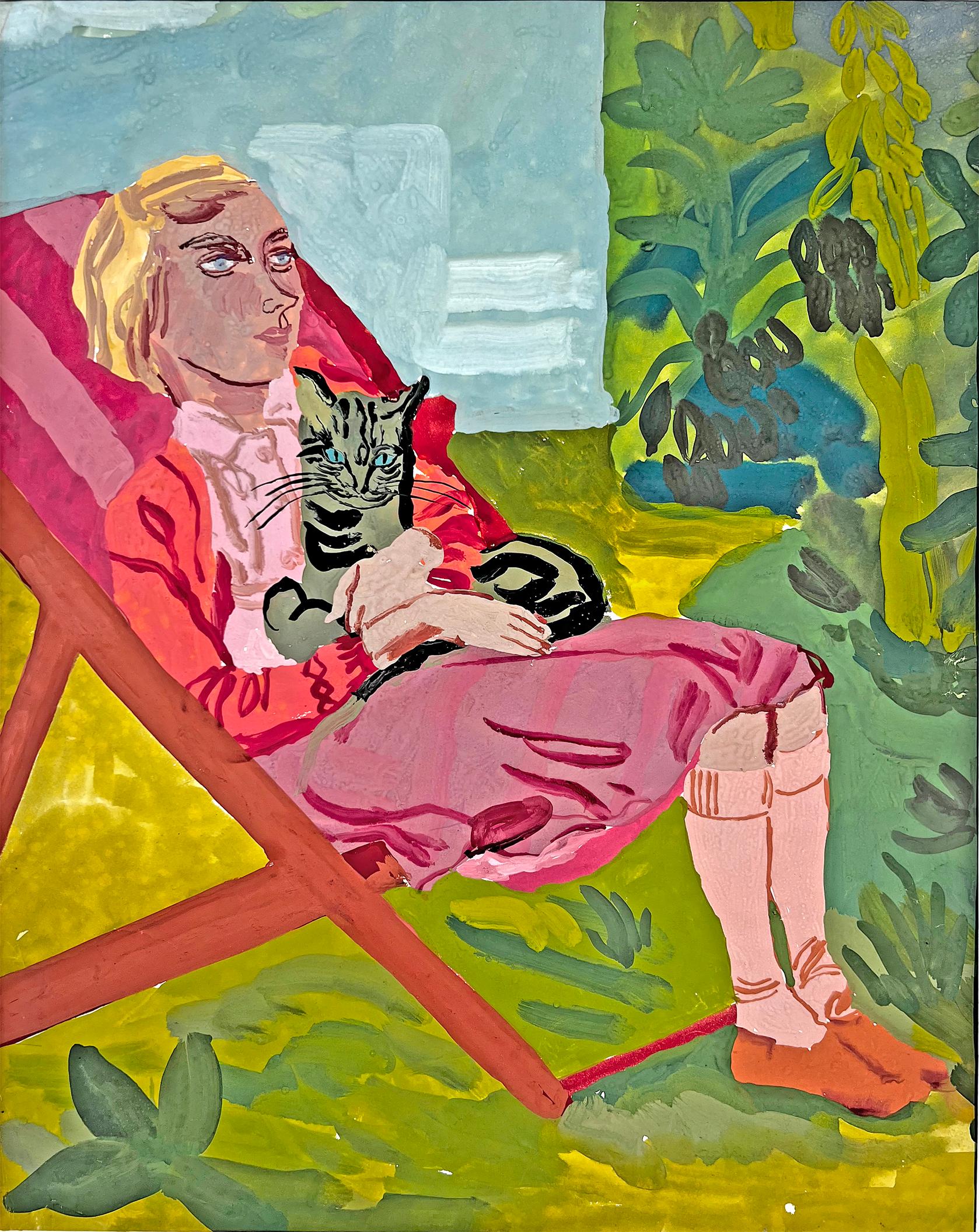 Portrait Painting  Muriel Pemberton - Jeunes femmes blondes rêveuses Pondering « Deckchair and Cat »  Couleur pastel d'été