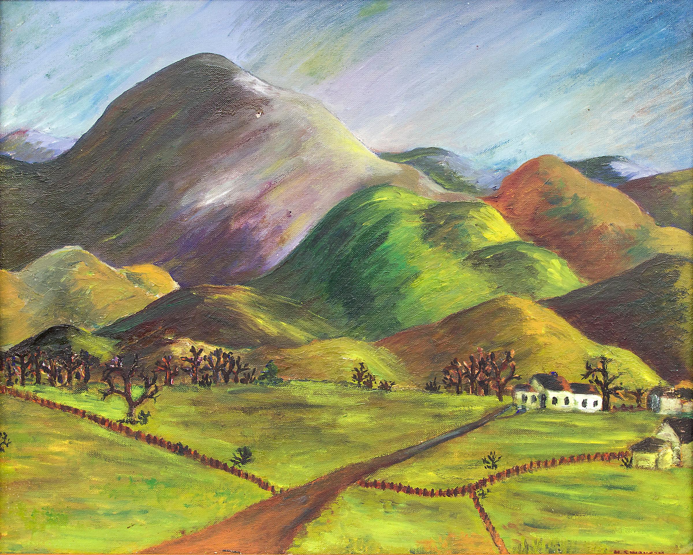 Gunnison, Colorado, peinture moderniste de paysage de montagne des années 1940, vert, bleu, rouge - Impressionnisme américain Painting par Muriel Swanson