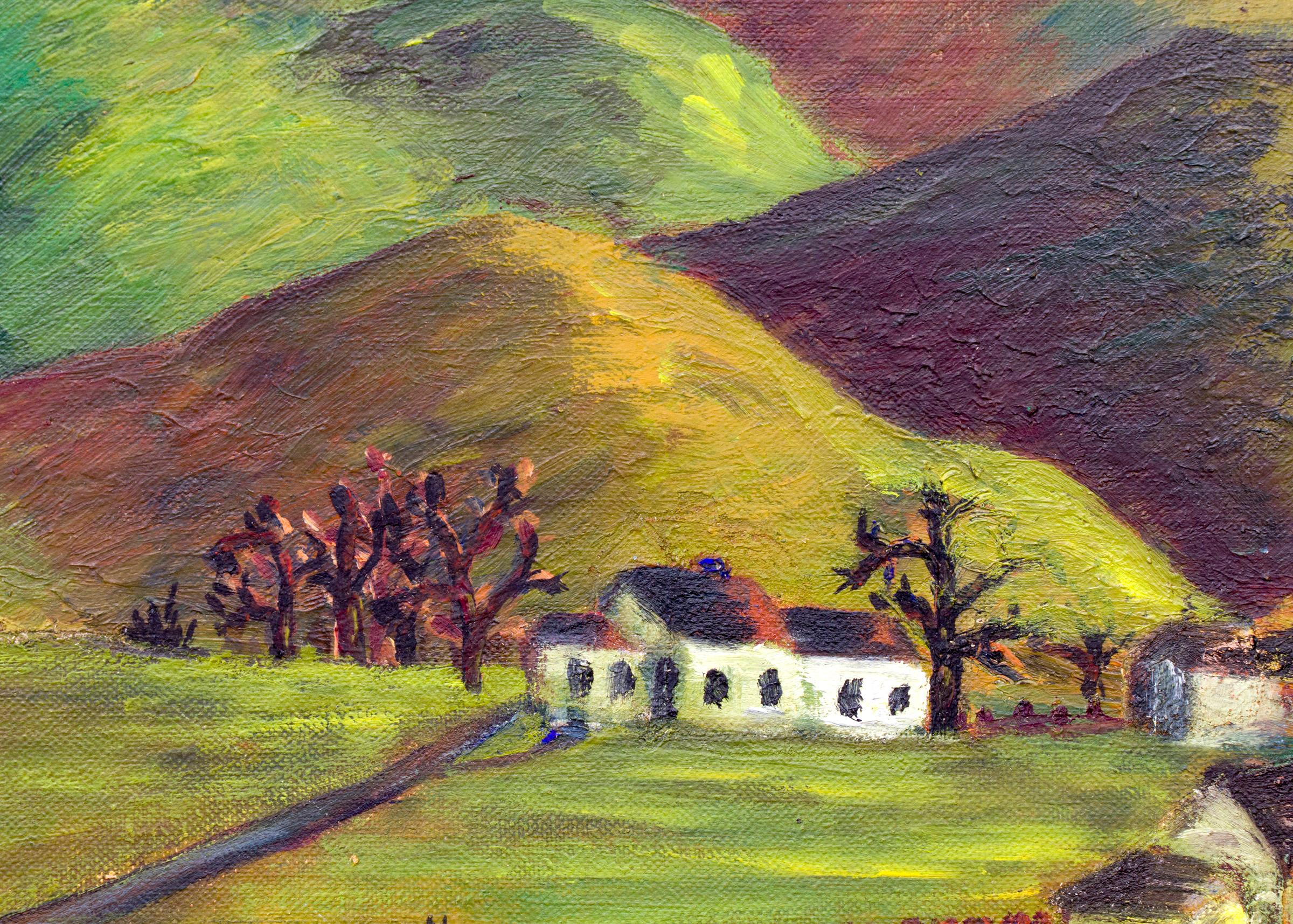 1940s modernist mountain landscape painting, near Gunnison, Colorado with a white farmhouse and out buldings and trees in a meadow/valley with mountains in the background. Painted in a somewhat primitive, naive, modernist style in colors of green,