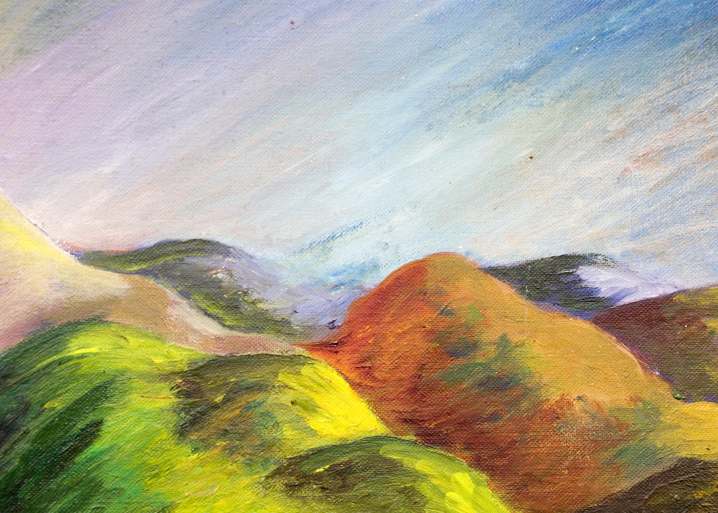 Gunnison, Colorado, peinture moderniste de paysage de montagne des années 1940, vert, bleu, rouge en vente 2