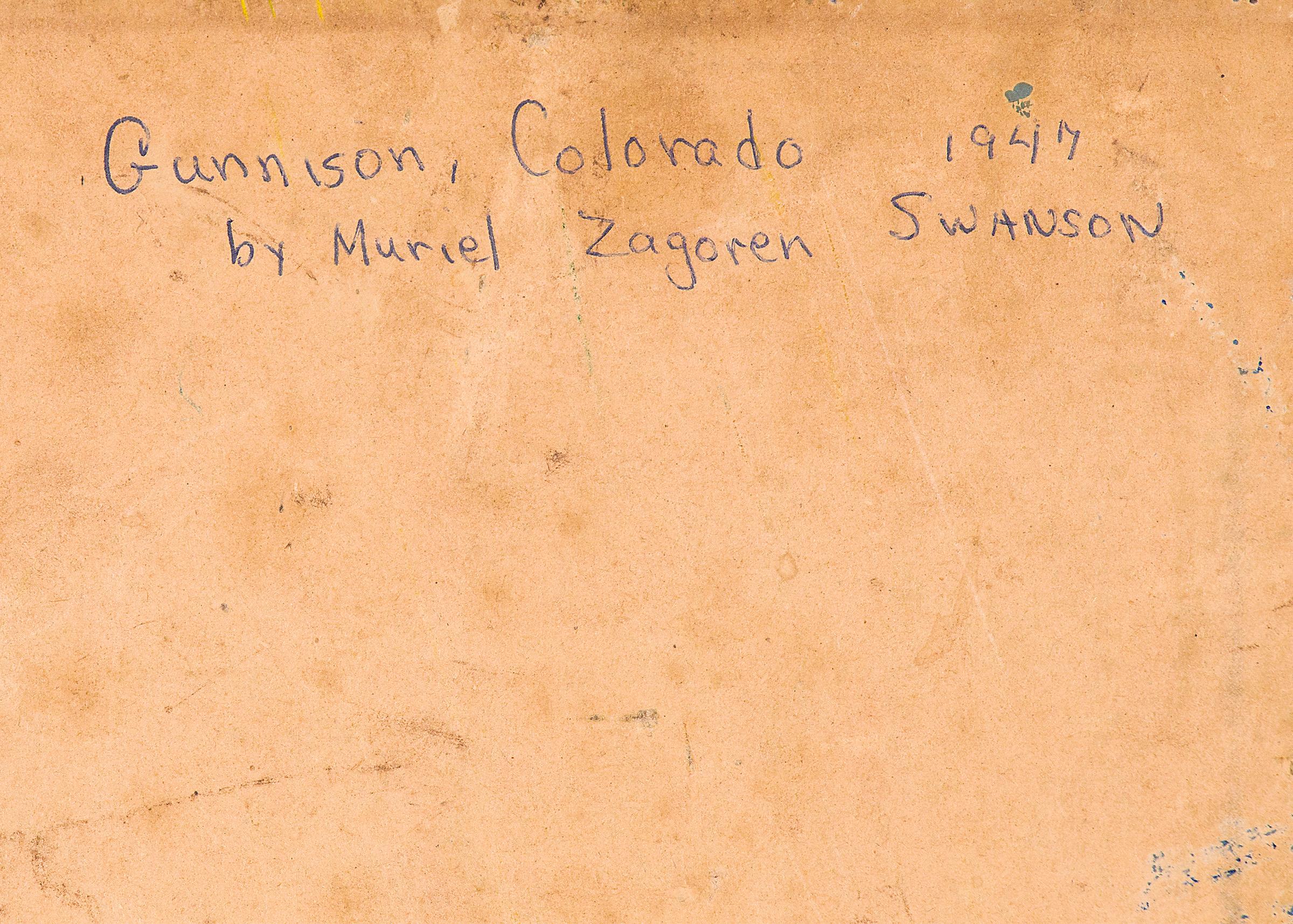 Gunnison, Colorado, peinture moderniste de paysage de montagne des années 1940, vert, bleu, rouge en vente 6