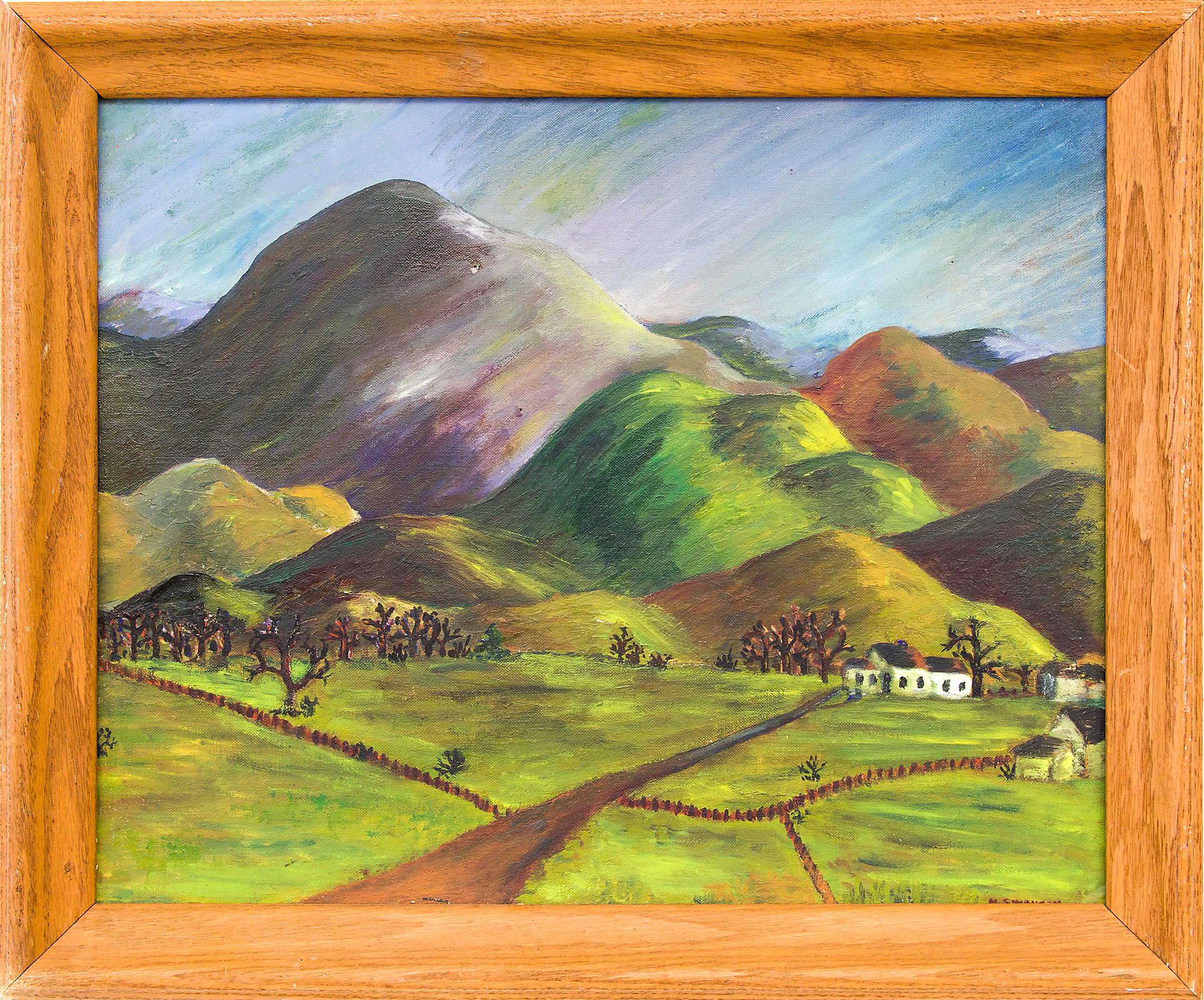 Gunnison, Colorado, peinture moderniste de paysage de montagne des années 1940, vert, bleu, rouge - Painting de Muriel Swanson