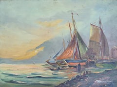 Sunrise On The Fishing Boats, Impressionist Oil on Panel