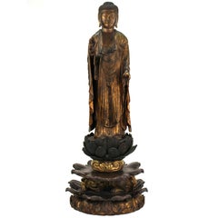 Antique Muromachi Period Japanese Carved and Gilt Wood Buddha Figure Amida Nyorai