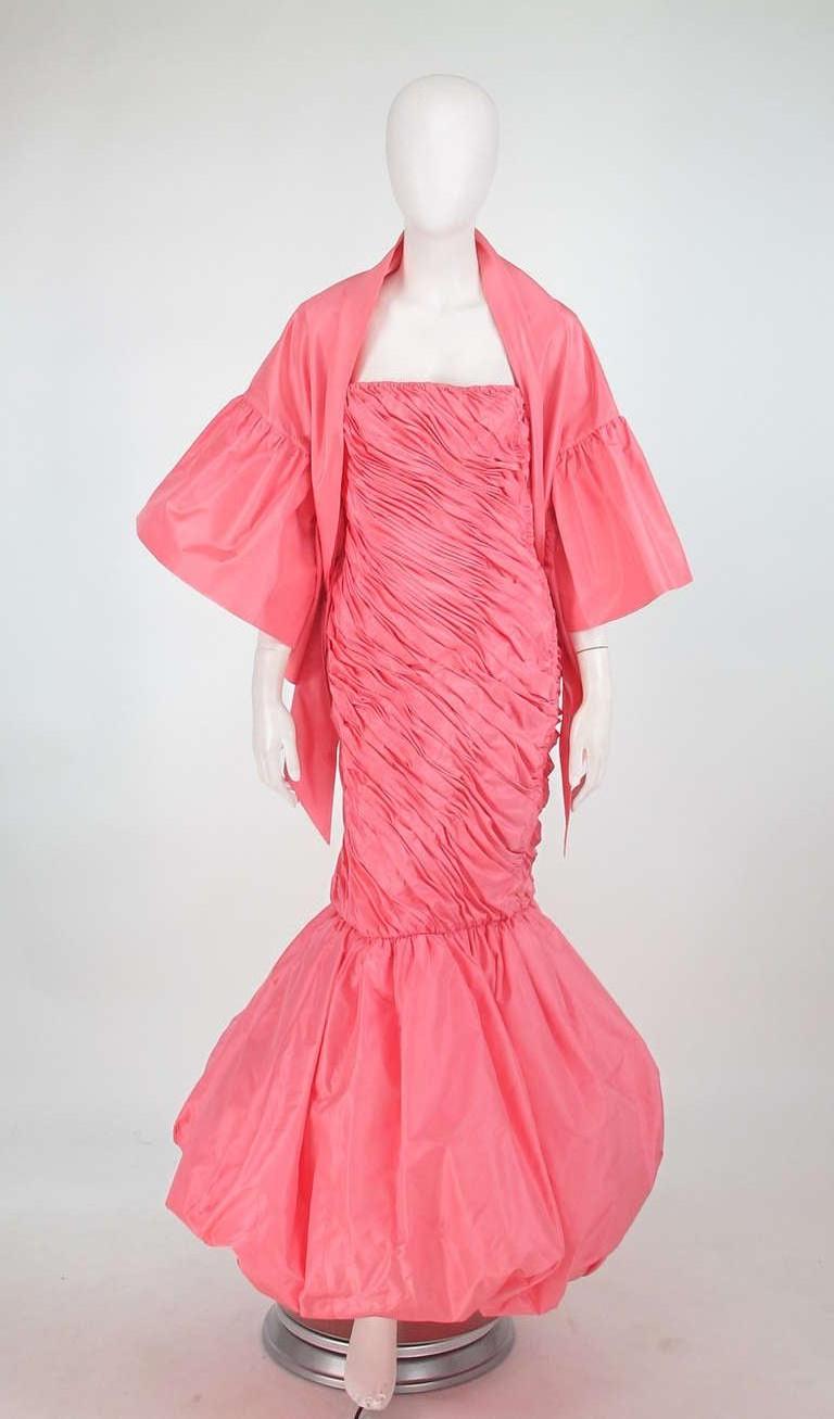 Murray Arbeid 1980s Fitted Draped Pink Silk Bubble Hem Gown 3