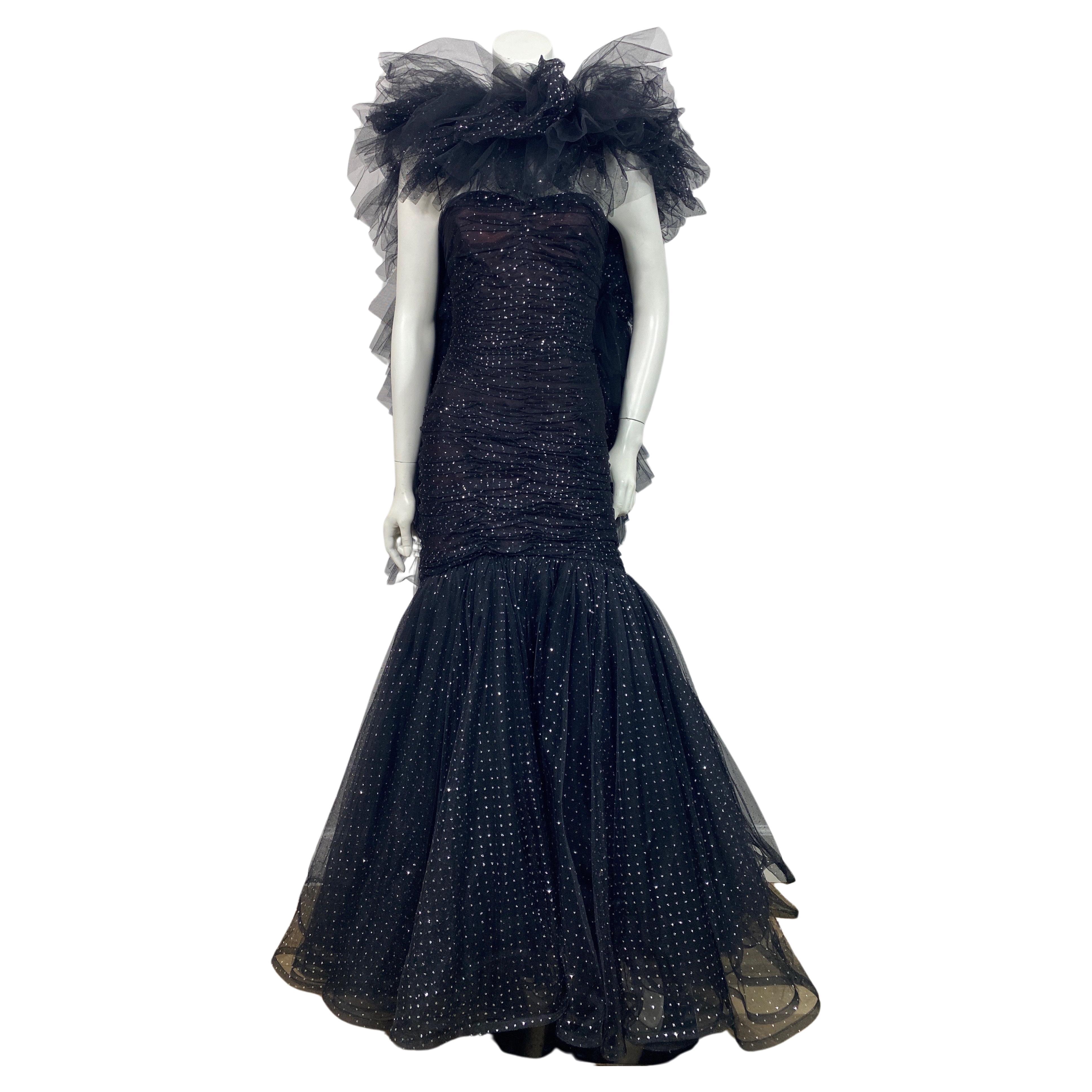 Murray Arbeid 1990 Black and Silver Tulle Gown with Shawl - Size 8 For Sale