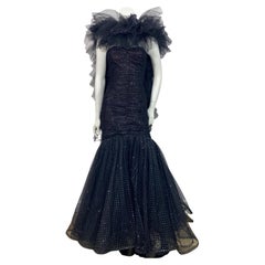 Retro Murray Arbeid 1990 Black and Silver Tulle Gown with Shawl - Size 8