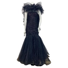 Murray Arbeid 1990 Robe en tulle noir et argent avec châle - Taille 8