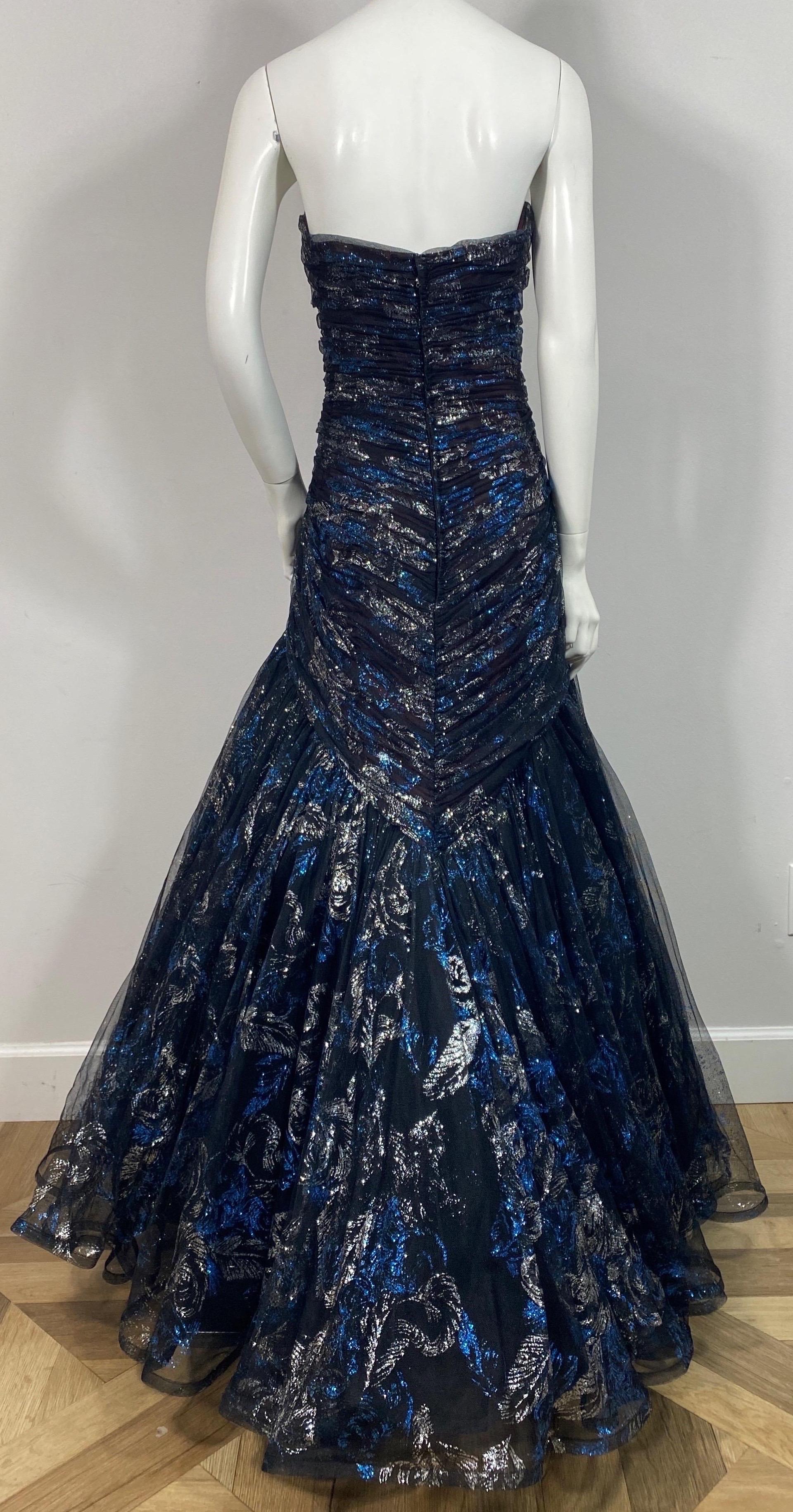 Murray Arbeid Early 1990’s Black Tulle with Blue and Silver metallic Gown-Size 6 6