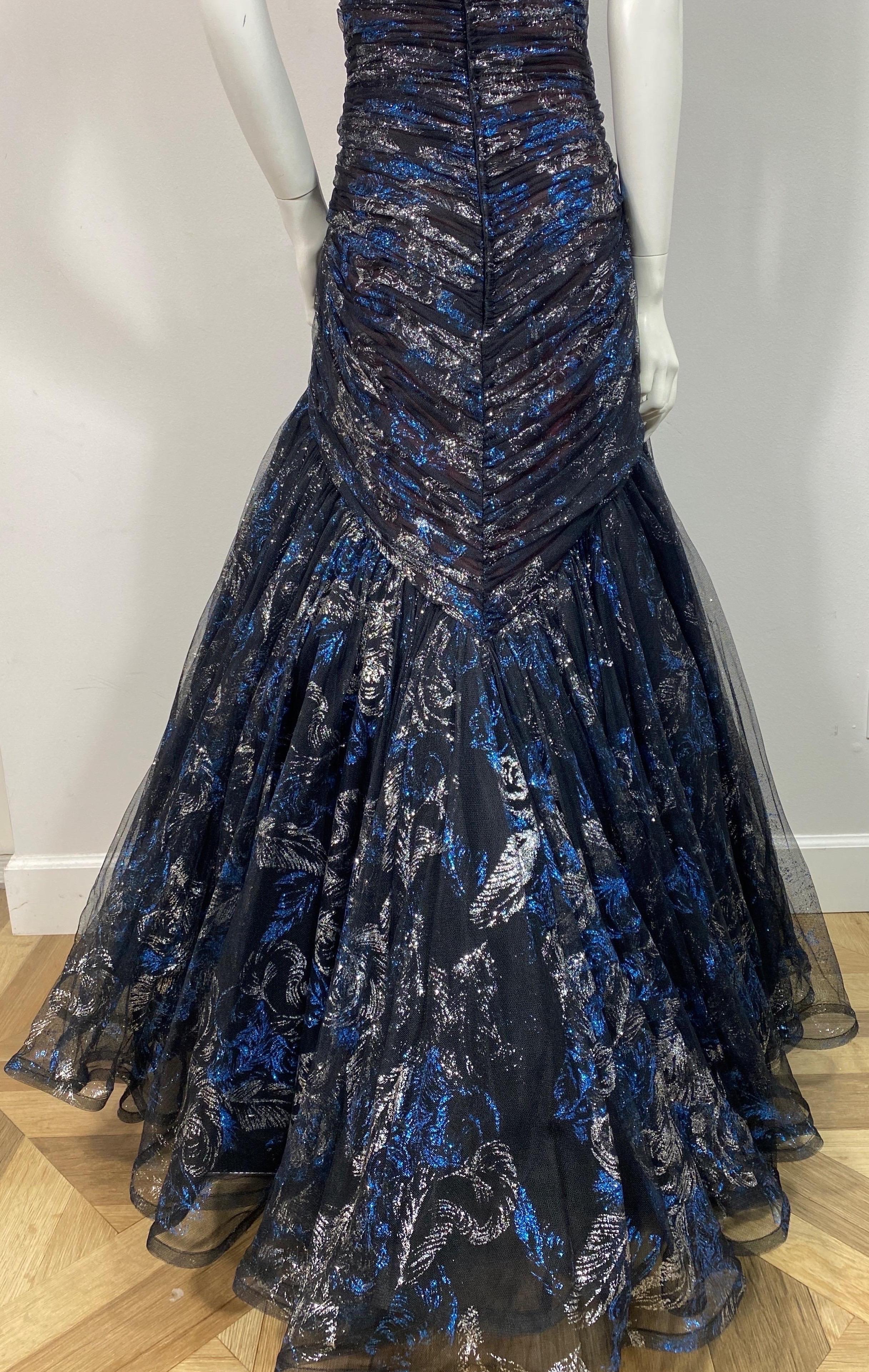 Murray Arbeid Early 1990’s Black Tulle with Blue and Silver metallic Gown-Size 6 7