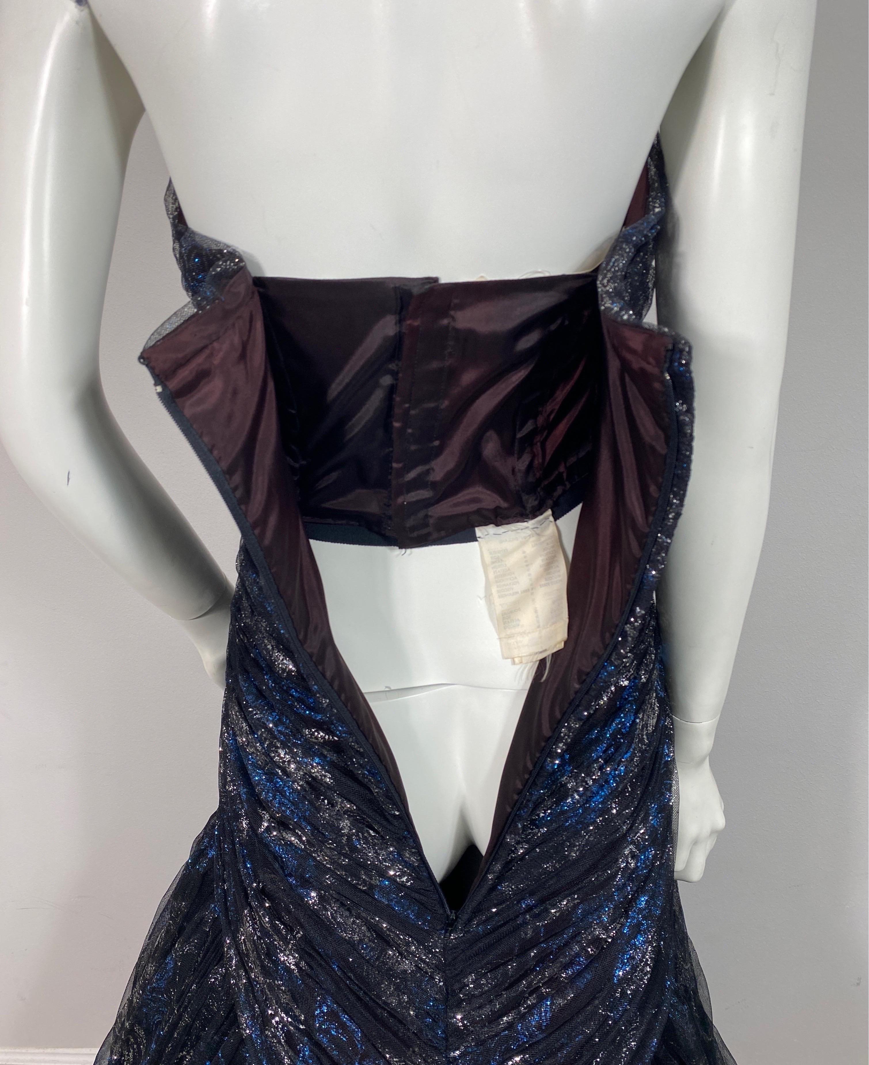 Murray Arbeid Early 1990’s Black Tulle with Blue and Silver metallic Gown-Size 6 8