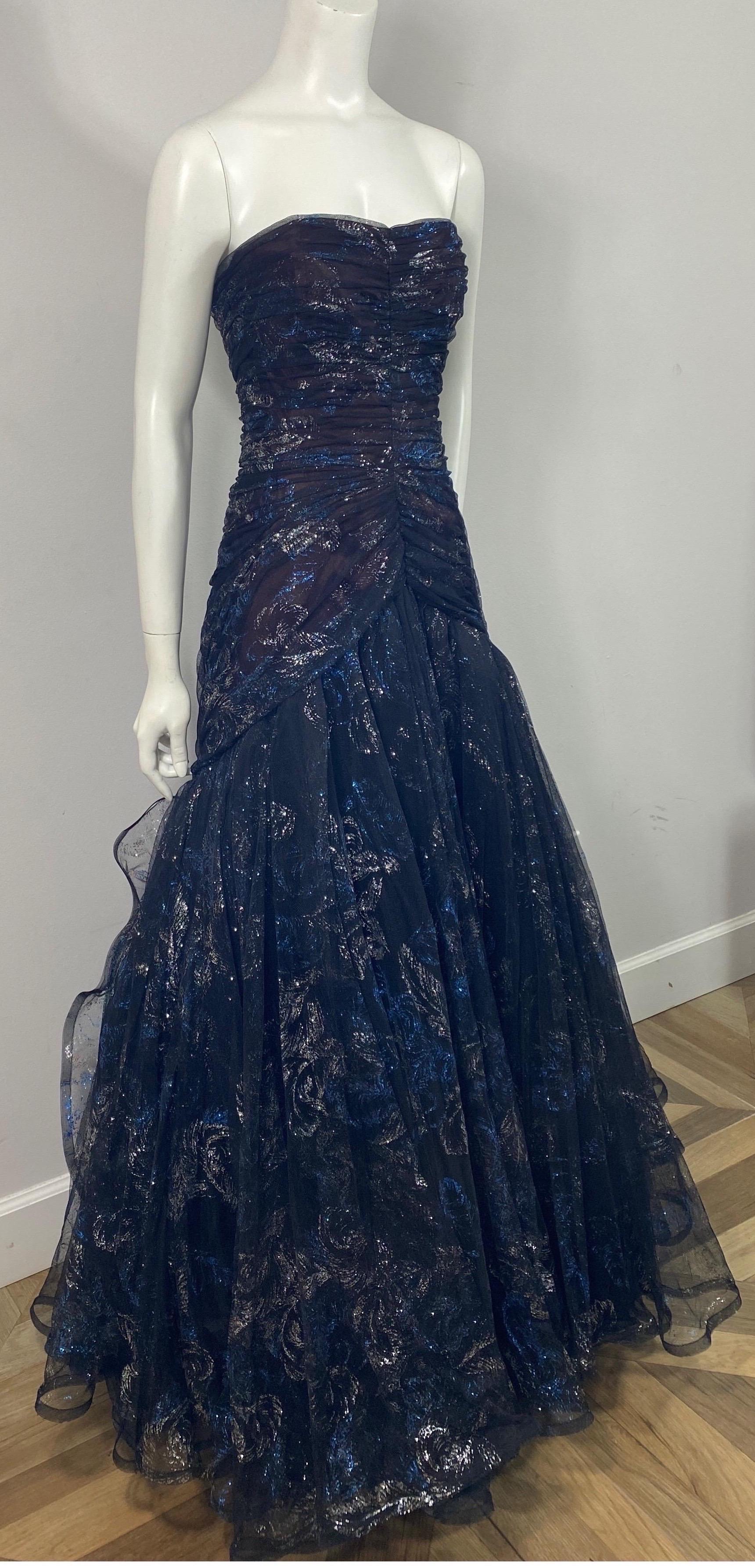 Murray Arbeid Early 1990’s Black Tulle with Blue and Silver metallic Gown-Size 6 In Excellent Condition In West Palm Beach, FL