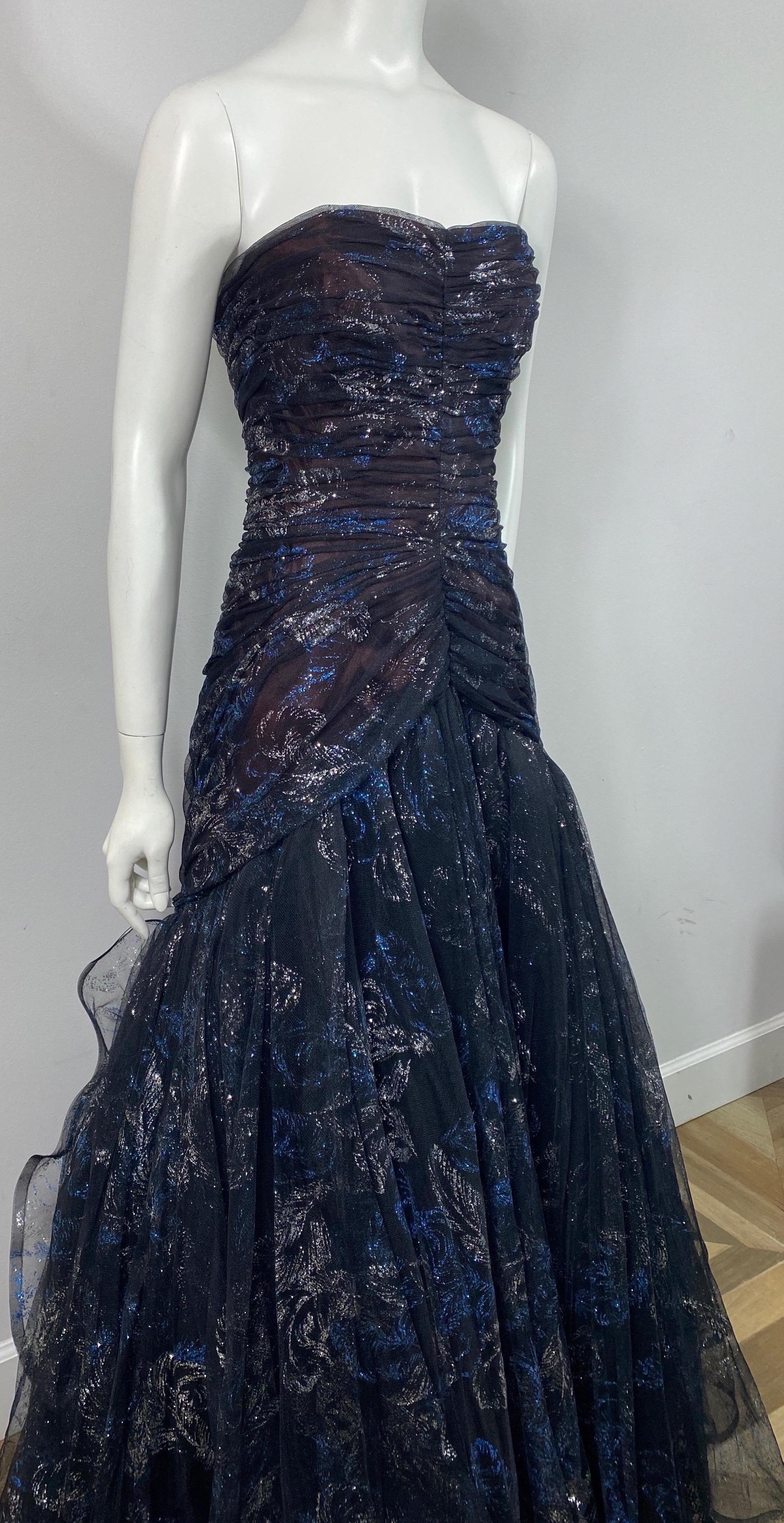Women's Murray Arbeid Early 1990’s Black Tulle with Blue and Silver metallic Gown-Size 6